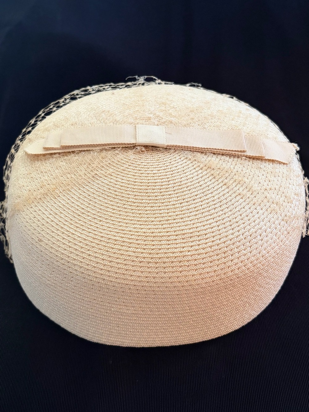 Vintage Straw Pillbox Hat in Cream with Black Netting Vintage but New. Beautiful
